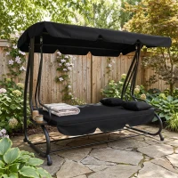 Outsunny 3-Seat Outdoor Patio Swing Chair, Converting Flatbed, Outdoor Swing Glider with Adjustable Canopy, Black(m-2)