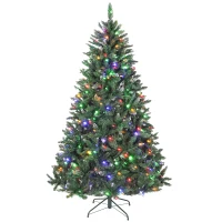 HOMCOM 7 ft Frosted Prelit Christmas Tree, Full Spruce Xmas Tree with Dual Colour LED Light, Hinged Xmas Tree, Easy Assembly(m-9)