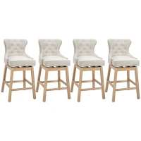 HOMCOM Upholstered Fabric Bar Height Bar Stools, 180° Swivel Nailhead-Trim Pub Chairs, 30" Seat Height with Rubber Wood Legs, Set of 4, Cream(m-11)