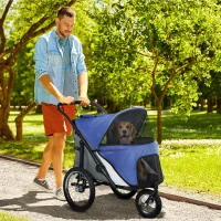PawHut 3 Wheels Dog Stroller w/ One-Hand Fold, Rubber Wheels, Storage Bag, Soft Cushion, for Small & Medium Dogs, Blue(m-2)