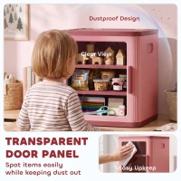 Qaba Toy Storage Organizer, 3 Tier Adjustable Toy Storage Cabinet Dustproof HDPE Plastic, Transparent Door, Pink(m-5)