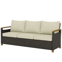 Outsunny 3 Seater Outdoor Couch Sofa, PE Wicker Patio Sofa, Wide Deep Seat, 4" Cushions, Wood-Effect Armrests Legs, Beige(m-1)