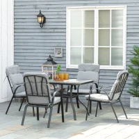 Outsunny 5 Piece Outdoor Square Garden Dining Set w/ Tempered Glass Dining Table 4 Cushioned Armchairs, Umbrella Hole, Grey(m-1)