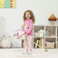 Qaba Unicorn Stick Horse, Plush Hobby Horse with Wood Wheels, Real Pony Neighing and Galloping Sounds, for Kids, White(m-1)