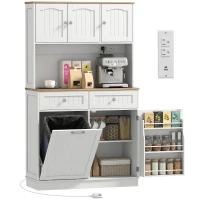HOMCOM 68" Pantry Cabinet with Charging Station, Storage Cabinet with Microwave Stand, 10 Gallon Trash Can Cabinet, White(m-9)