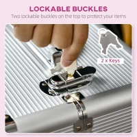 HOMCOM Aluminum Rolling Makeup Train Case, Portable Professional Cosmetic Makeup Case, Lockable Traveling Cart Trunk with Folding Trays, Swivel Wheels and Keys, Silver(m-6)