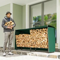 Outsunny Firewood Rack with Waterproof Cover, 200 kg Log Storage Holder with Steel Chains, 78.7" x 14" x 39", Dark Green(m-1)