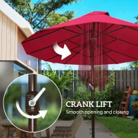 Outsunny 15' Outdoor Patio Umbrella with Twin Canopy Sunshade Steel Table Umbrella w/ Lift Crank, Cross Base, Sandbag, Wine Red(m-9)
