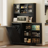HOMCOM Kitchen Pantry Cabinet with Charging Station, 7 Gallon Trash Can Cabinet, Adjustable Shelves and Acrylic Doors, Black(m-8)