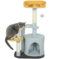 PawHut Cat Tree for Indoor Cats, 31.5 inch Cat Tower with Plush Perch, Platform, Condo, Scratching Post and Toy Ball, Blue(m-9)