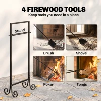 Outsunny Fireplace Tools Set 5 Pieces Metal Fire Place Kit with Brush, Shovel, Poker, A Pair of Tongs, Stand, Black(m-4)