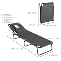 Outsunny Folding Lounge Chair Set of 2, Reclining Beach Tanning Chair with Face Hole, Pillow, 4-Position Adjustable Flat Sun Lounger, Steel Frame for Outdoor Patio Pool, Grey(m-3)