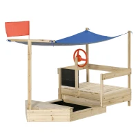Outsunny Kids Wooden Sandbox, Covered Children Pirate Sand Boat for Outdoor, Foldable Play Station, w/ Flag, Canopy Shade, Bottom Liner, Blackboard, for 3-8 Years Old, Natural Wood(m-11)