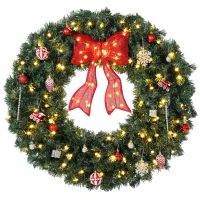 HOMCOM Artificial Xmas Wreath, 36 Inch Pre-Lit Christmas Wreath with 130 LED Lights, Lighted Bow and 21 Ornament Set, Green(m-13)