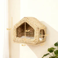 PawHut Wall Mounted Cat House, Cat Wall Furniture, Cat Wall Shelf with Washable Cushion, Natural(m-3)