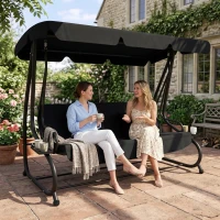 Outsunny 3-Seat Outdoor Patio Swing Chair, Converting Flatbed, Outdoor Swing Glider with Adjustable Canopy, Black(m-9)