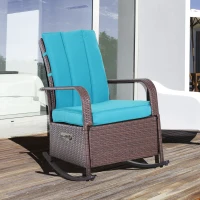 Outsunny Outdoor Wicker Rocking Chair Patio PE Rattan Recliner Chair with Cushion, Adjustable Footrest, Armrests, Turquoise(m-8)