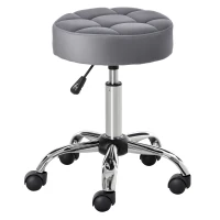 HOMCOM Round Rolling Stool, Height Adjustable Vanity Chair, Upholstery Office Chair with Swivel Seat and Wheels, Grey(m-1)