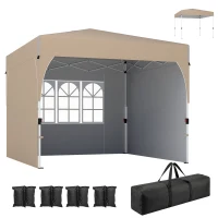 Outsunny 9.6 x 9.6 ft Pop Up Canopy Tent with 3 Sidewalls, UPF 50+ 1-Button Push Easy Setup Outdoor Instant Canopy, Khaki(m-9)