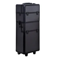 HOMCOM Pro 3 in 1 Portable Aluminum Makeup Train Cases Rolling Cosmetic Organizer Box, Black (Black)(m-2)