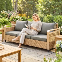 Outsunny Rattan Wicker Sofa 3-Seater Outdoor Patio Sofa with Cushions for Garden Backyard Porch Gray(m-2)
