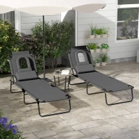 Outsunny Folding Lounge Chair Set of 2, Reclining Beach Tanning Chair with Face Hole, Pillow, 4-Position Adjustable Flat Sun Lounger, Steel Frame for Outdoor Patio Pool, Grey(m-1)