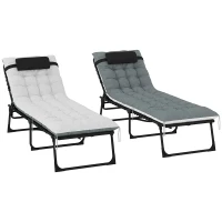 Outsunny Outdoor Lounge Chair Set of 2, Folding Chaise Lounge Tanning Chair with Cushion, Side Pocket, Black/Grey(m-2)