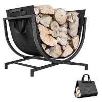 Outsunny Firewood Rack Outdoor, Foldable 17 Inch Fireplace Log Holder for Indoor, with Removable Log Carrier, Black(m-9)