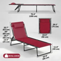 Outsunny Outdoor Folding Lounge Chair, 4-Level Adjustable Chaise Lounge with Headrest, Tanning Chair Beach Bed Reclining Lounger Cot for Camping, Hiking, Backyard, Wine Red(m-3)