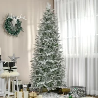 HOMCOM 7.5 Feet Pencil Snow Flocked Artificial Christmas Tree with 880 Realistic Cypress Branches, Auto Open, Green(m-8)