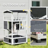 PawHut Wooden Outdoor Cat House, Feral Cat Shelter Kitten Condo with Asphalt Roof, Escape Doors, Condo, Jumping Platform, Gray(m-15)