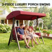 Outsunny Outdoor Patio 3-Person Steel Canopy Cushioned Seat Bench Swing with Included Side Trays & Padded Comfort, Wine Red(m-7)