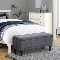HOMCOM Storage Ottoman, Linen Fabric End of Bed Bench with Soft Close Lid, Button Tufted Storage Bench for Living Room, Entryway or Bedroom, 42" x 17" x 19", Grey(m-10)