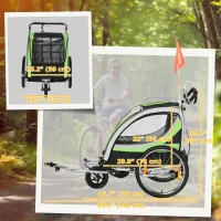 Aosom 2 Seat Bike Trailer for Kids 2-in-1 Double Baby Stroller with Handbrake, Rubber Wheels, 5 Point Harness, Waterproof Cover, Storage Bag, Reflectors, Green(m-3)
