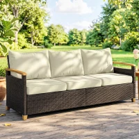 Outsunny 3 Seater Outdoor Couch Sofa, PE Wicker Patio Sofa, Wide Deep Seat, 4" Cushions, Wood-Effect Armrests Legs, Beige(m-2)