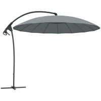 Outsunny 9FT Cantilever Umbrella with 16 Fibreglass Ribs, Offset Hanging Umbrella, Patio Umbrella with Crank and Cross Base, Grey(m-9)