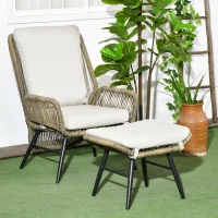 Outsunny 2 PCs PE Rattan Leisure Chair Set, Outdoor Reclining Patio Chair and Footrest w/ Adjustable Backrest & Cushion, Khaki(m-1)