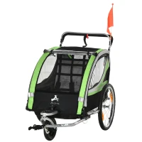 Aosom 2 Seat Bike Trailer for Kids 2-in-1 Double Baby Stroller with Handbrake, Rubber Wheels, 5 Point Harness, Waterproof Cover, Storage Bag, Reflectors, Green(m-11)