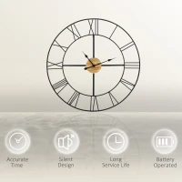HOMCOM 36 Inch Large Wall Clock, Silent Non Ticking Wood Metal Farmhouse Roman Numeral Clocks for Living Room Decor, Battery Operated, Black(m-5)