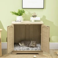 PawHut 3-in-1 Cat Litter Box Furniture Hidden, Cat Cabinet Bed, End Table with Rattan, Kitty Bed with Plush Foam Cushion, Modern Cat Bedding House with End Table Use, Oak(m-2)