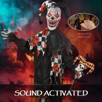Outsunny Life Size Halloween Animated Clown with Red Light Up Eyes, Sound Activated Scary Halloween Decorations, Battery Operated(m-5)