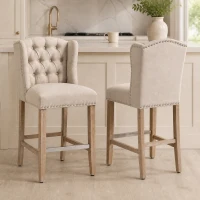 HOMCOM Counter Height Bar Stools Set of 2, 27" Seat Height Upholstered Barstools, Farmhouse Kitchen Island Stools with Nailhead-Trim, Tufted Back and Wooden Legs, Beige(m-2)