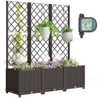 Outsunny 3PCS Plastic Planter Box with Trellis, Self-Watering Raised Garden Bed with Trellis and Automatic Watering Timer Kit(m-10)