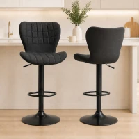 HOMCOM Bar Stools Set of 2, Adjustable Height Swivel Bar Chairs, Linen-feel Fabric Upholstered Kitchen Counter Stools with Wide Seat, Back and Footrest, Black(m-1)