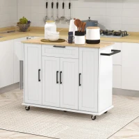 HOMCOM Modern Rolling Kitchen Island Cart with Drawers, Natural Wood Top, Towel Rack, Door Storage Cabinet, White(m-10)