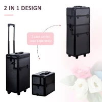 HOMCOM Pro 3 in 1 Portable Aluminum Makeup Train Cases Rolling Cosmetic Organizer Box, Black (Black)(m-4)