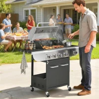 Outsunny 4 Burner Propane Gas Grill with Side Burner, 53,000 BTU BBQ Grill with Cast Iron Grates, Wheels, Warming Rack, Cabinet(m-8)