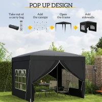 Outsunny 10'x10' Outdoor Pop Up Party Tent Wedding Gazebo Canopy with Carrying Bag (Black)(m-4)