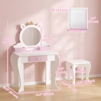 Qaba Kids Makeup Vanity Set with Stool, Mirror, Drawer, Storage Boxes, Unicorn Design, White(m-3)