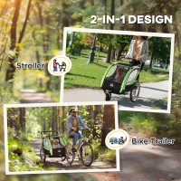 Aosom 2 Seat Bike Trailer for Kids 2-in-1 Double Baby Stroller with Handbrake, Rubber Wheels, 5 Point Harness, Waterproof Cover, Storage Bag, Reflectors, Green(m-4)